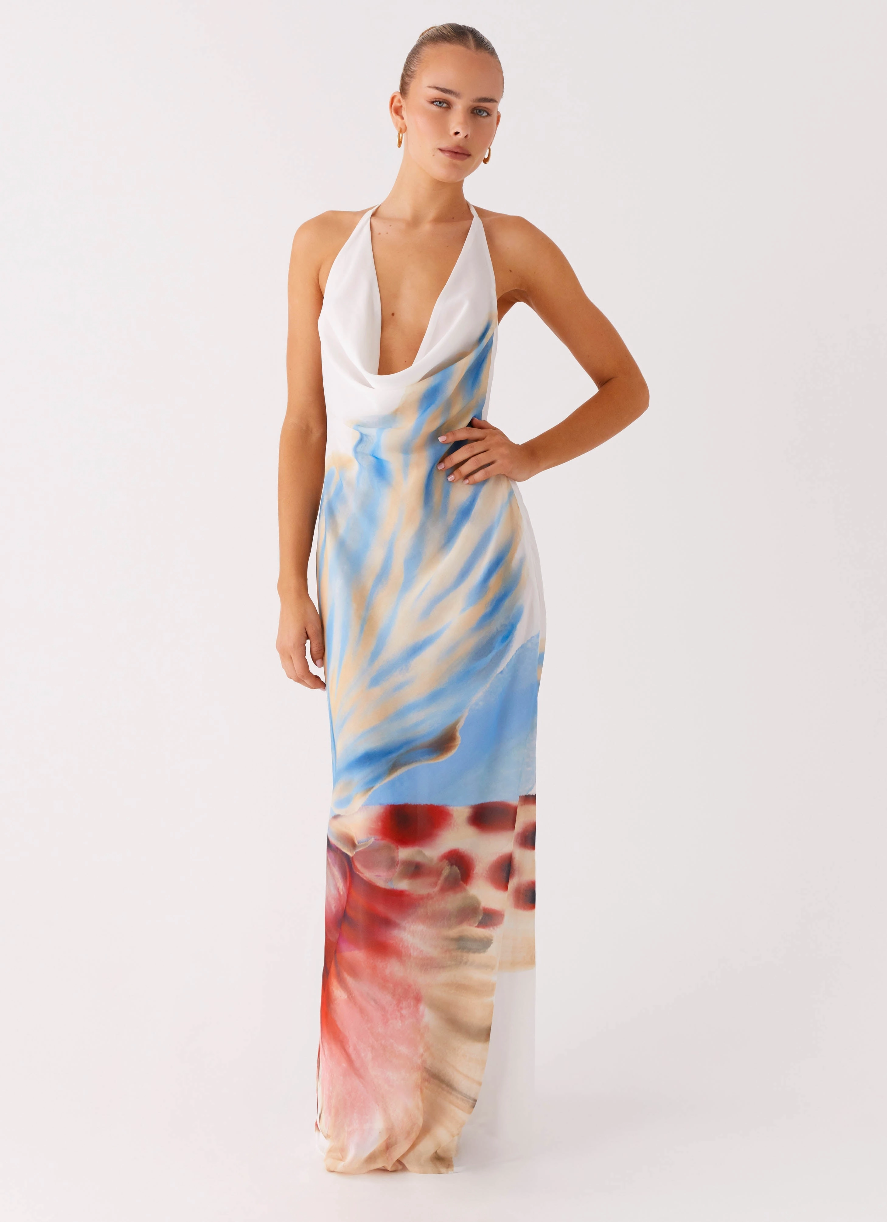 Gentle Shine Stars Align Cowl Maxi Dress - White Sea Bloom