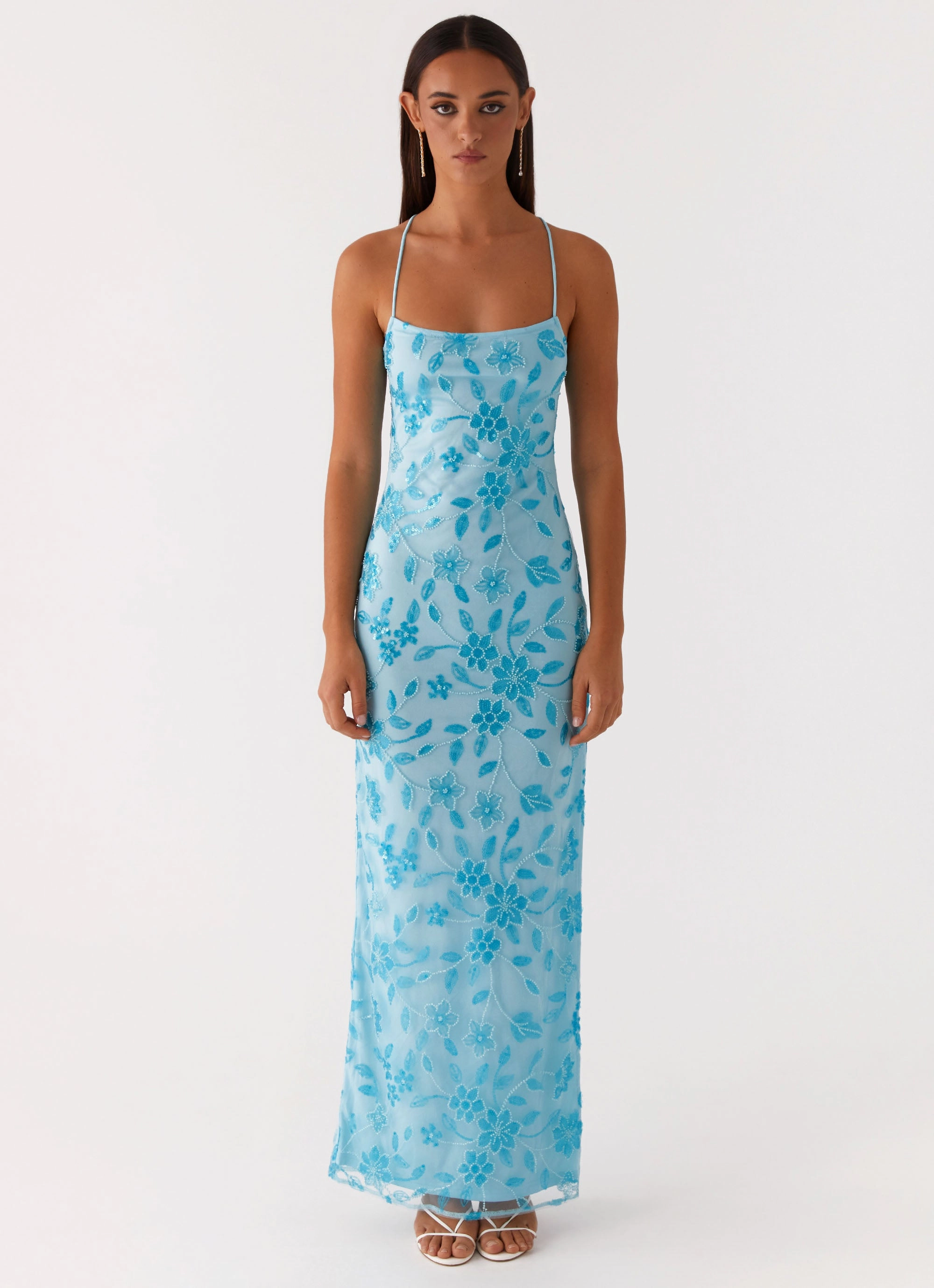 Bright Lights Beaded Maxi Dress - Blue Belt Waist