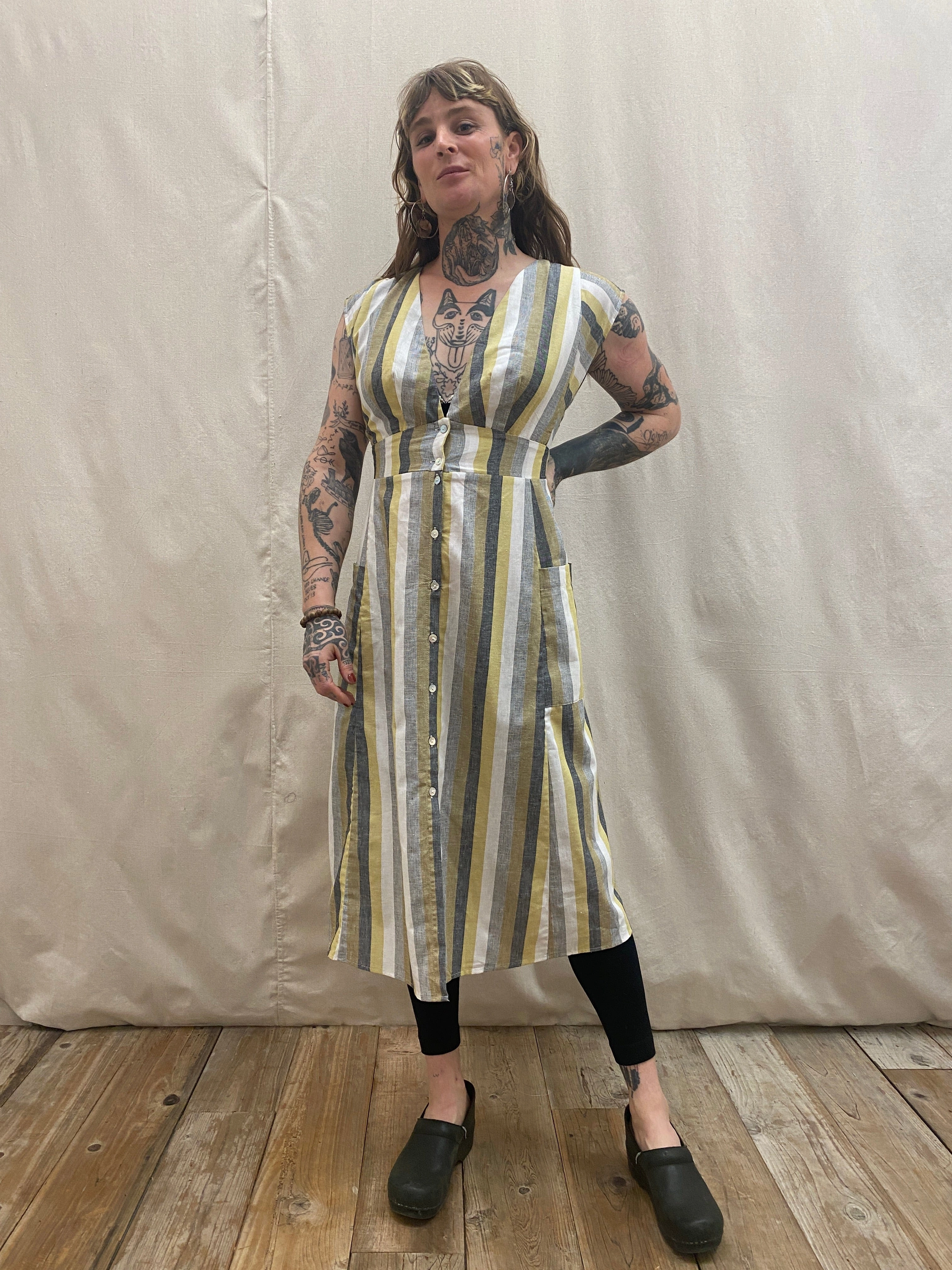 Penelope Dress in Linen Stripe Warm Base Petal Zone