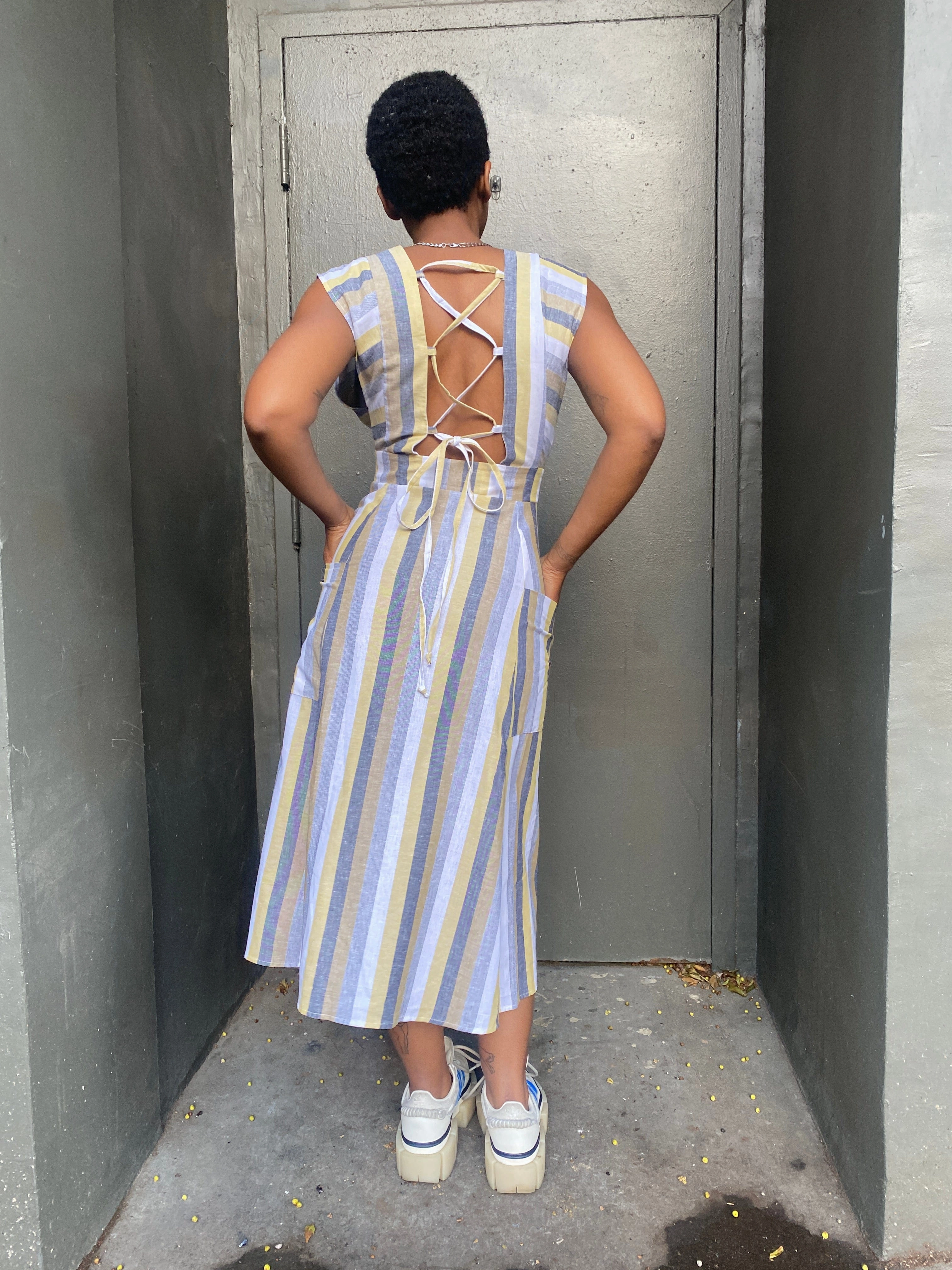 Penelope Dress in Linen Stripe Gathered-Detail Non-Iron