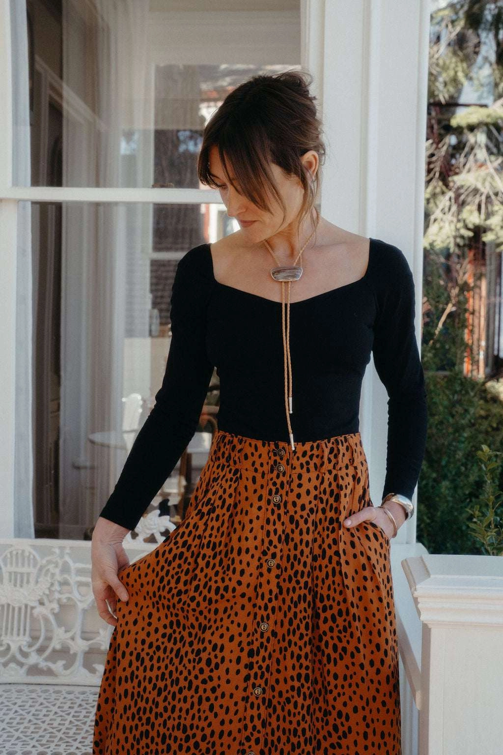 Trices Skirt in Bam Bam Challis Tight Fit Multi Pocket Configuration