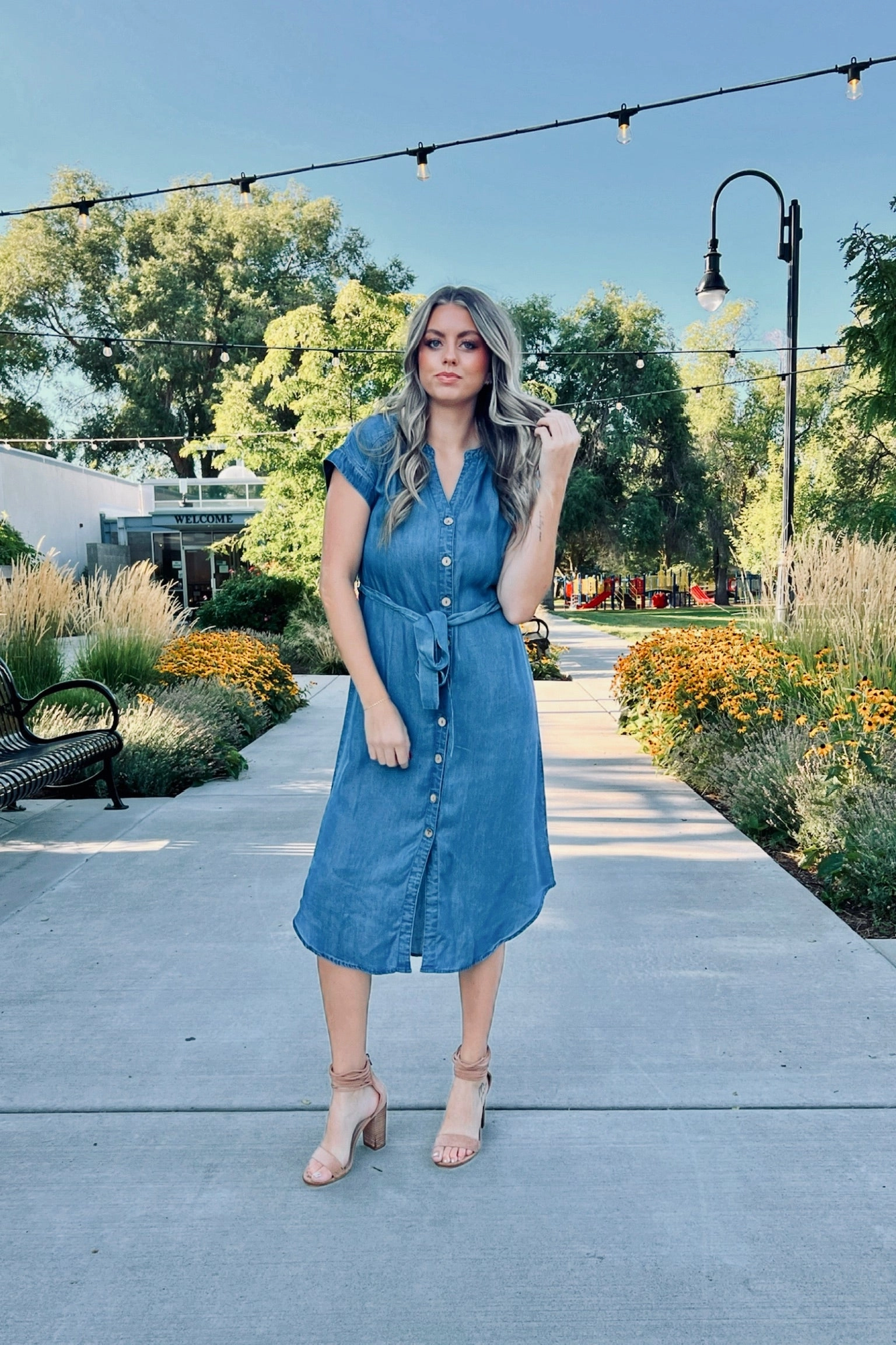 Brunch Outfit Textured Flow True blue denim dress
