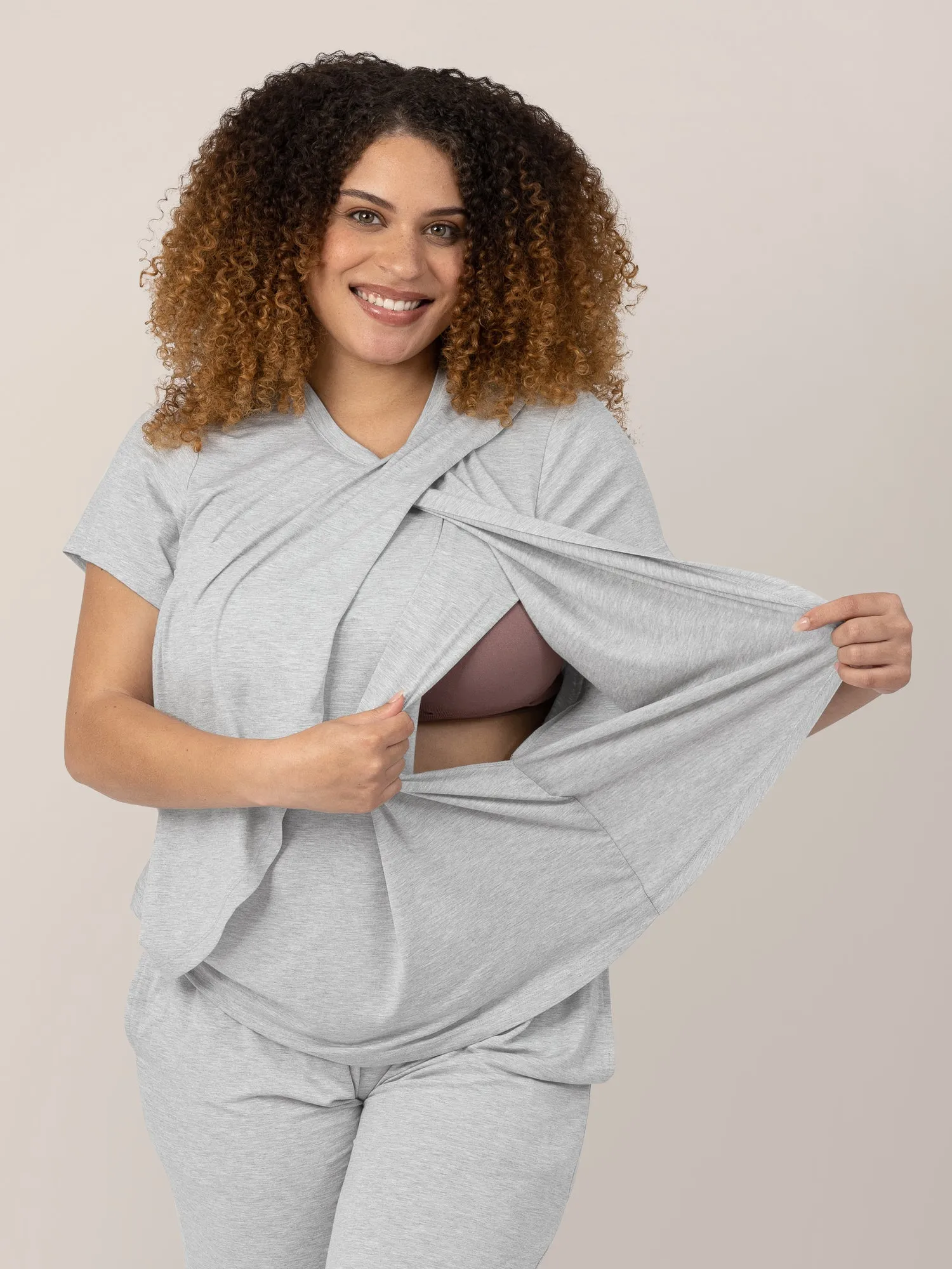 Tulip Hem Short Sleeve Maternity & Nursing Pajama Set | Grey Heather