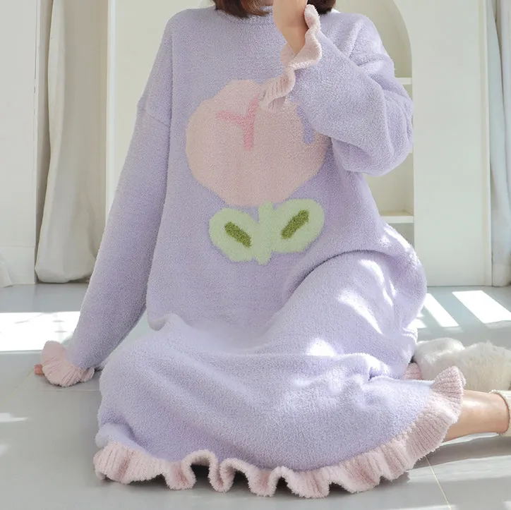 Tulip Pattern Round Neck Winter Nightgown Pajamas Dress