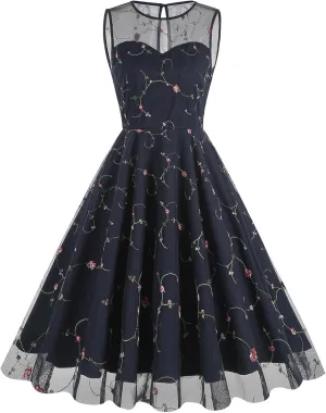 Tulle Embroidery Floral Dress for Women Sleeveless Mesh Flower Embroidered Tulle Prom Dress Summer Wedding Tea Party Dress