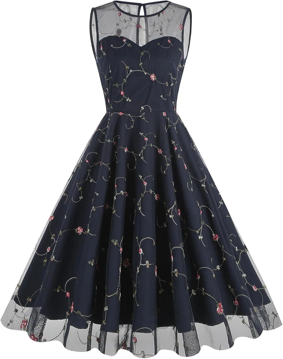 Tulle Embroidery Floral Dress for Women Sleeveless Mesh Flower Embroidered Tulle Prom Dress Summer Wedding Tea Party Dress