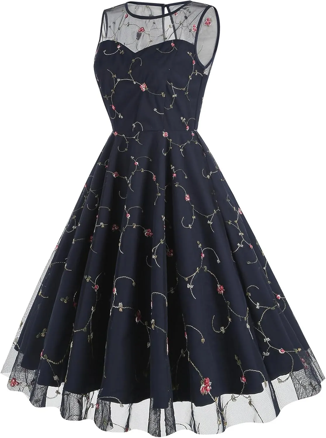 Tulle Embroidery Floral Dress for Women Sleeveless Mesh Flower Embroidered Tulle Prom Dress Summer Wedding Tea Party Dress