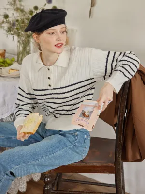 Davian Striped White Polo Knit Top Comfortable Design