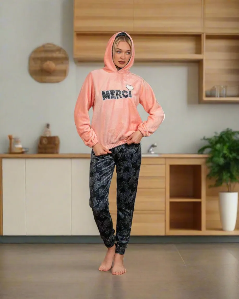 Two-piece pajama set, almond T-shirt and velor pants