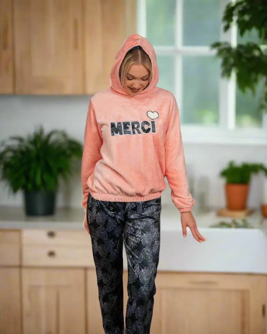 Two-piece pajama set, almond T-shirt and velor pants