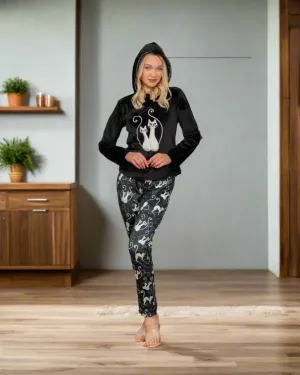 Two-piece pajama set with velvet lined T-shirt and velvet pants