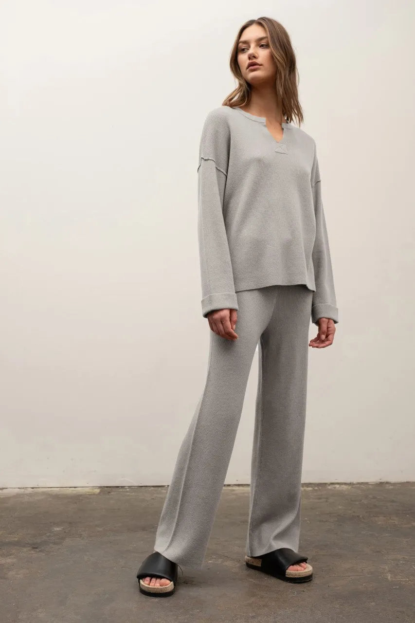 two piece rib knit lounge set - heather grey