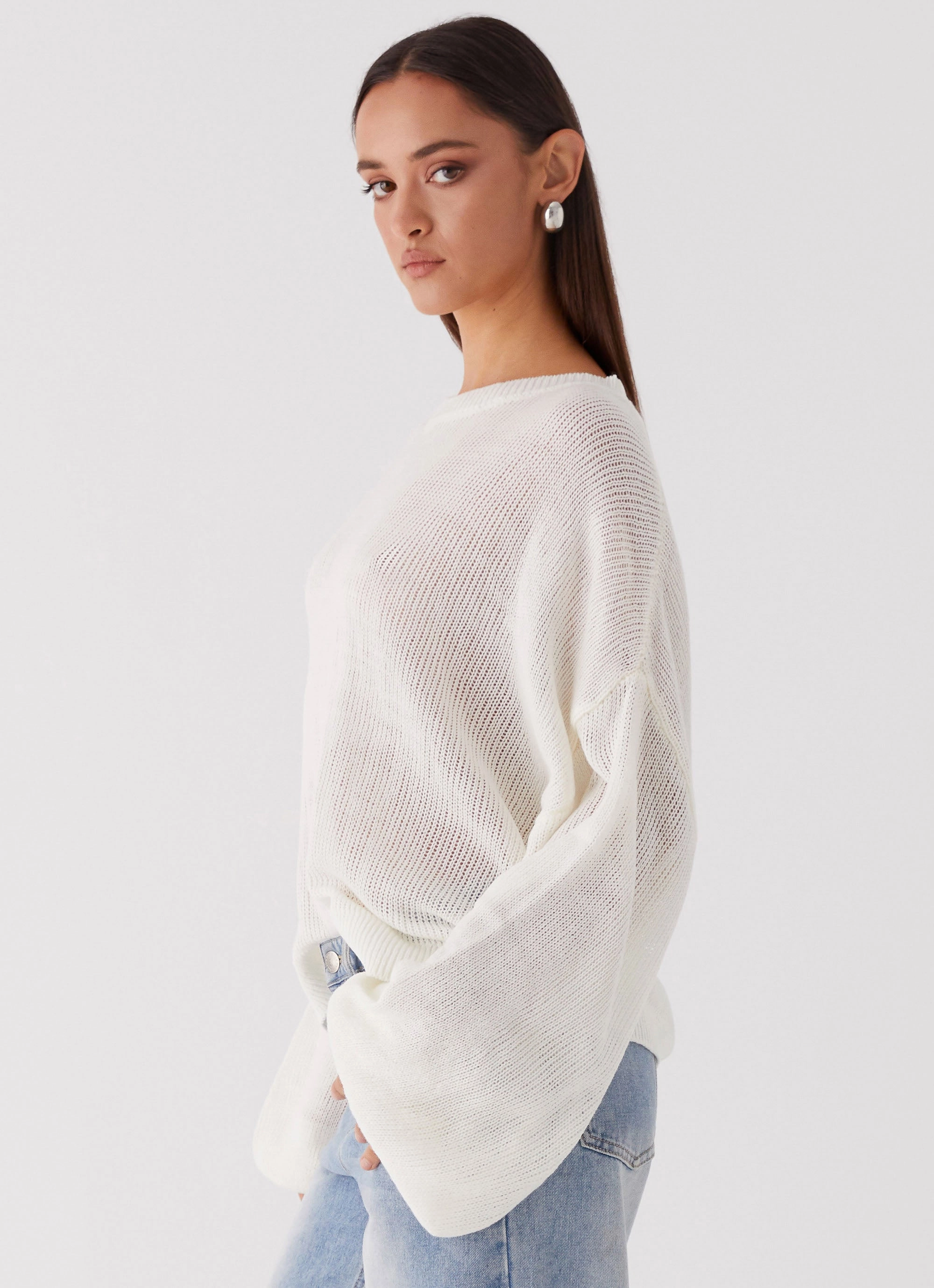 Chill Day Layer Ultraviolet Protection Factor Tyla Oversized Knit Sweater - White