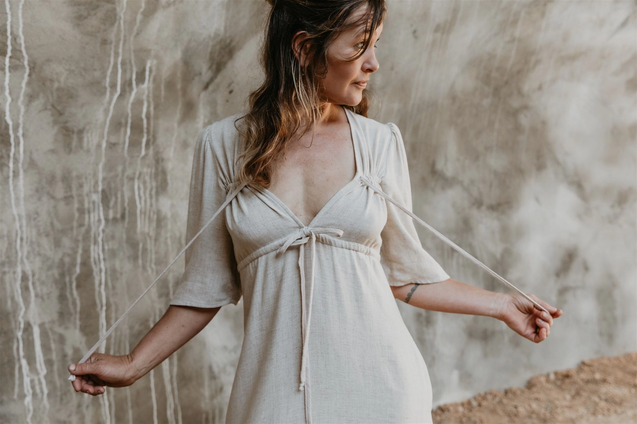 Office Glam Chic and Elegant Tyrah Dress in Oat Linen
