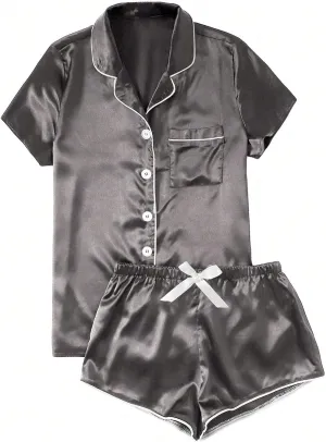 Uillui Silk Satin Pajamas Set Women Plus Size Loungewear Short Sleeve Sleepwear Soft Button Down Pjs Set Summer Sleep Set