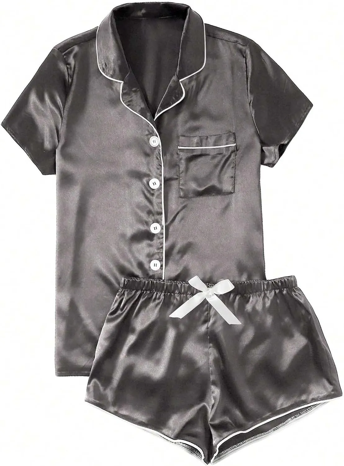 Uillui Silk Satin Pajamas Set Women Plus Size Loungewear Short Sleeve Sleepwear Soft Button Down Pjs Set Summer Sleep Set