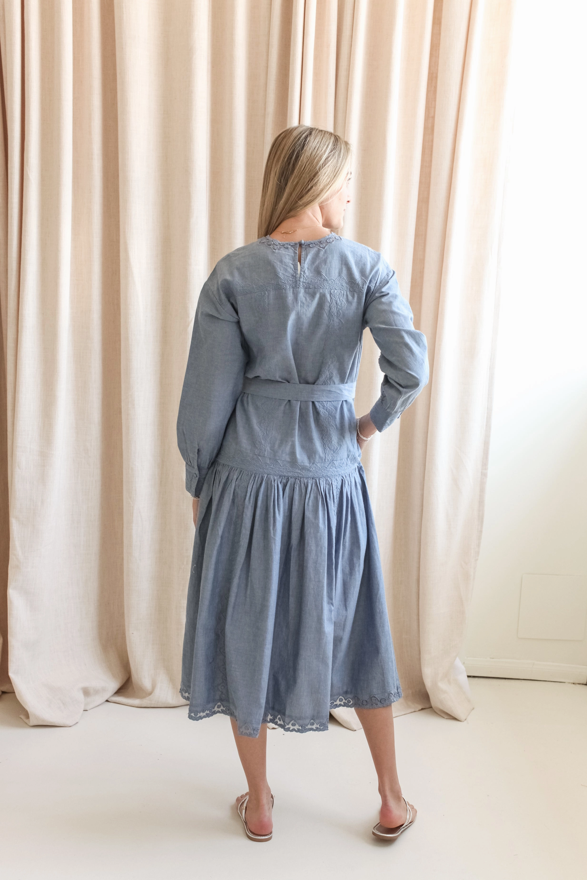 Ulla Johnson Brin Drop Waist Long Sleeve Dress - Chambray Lightweight Comfort