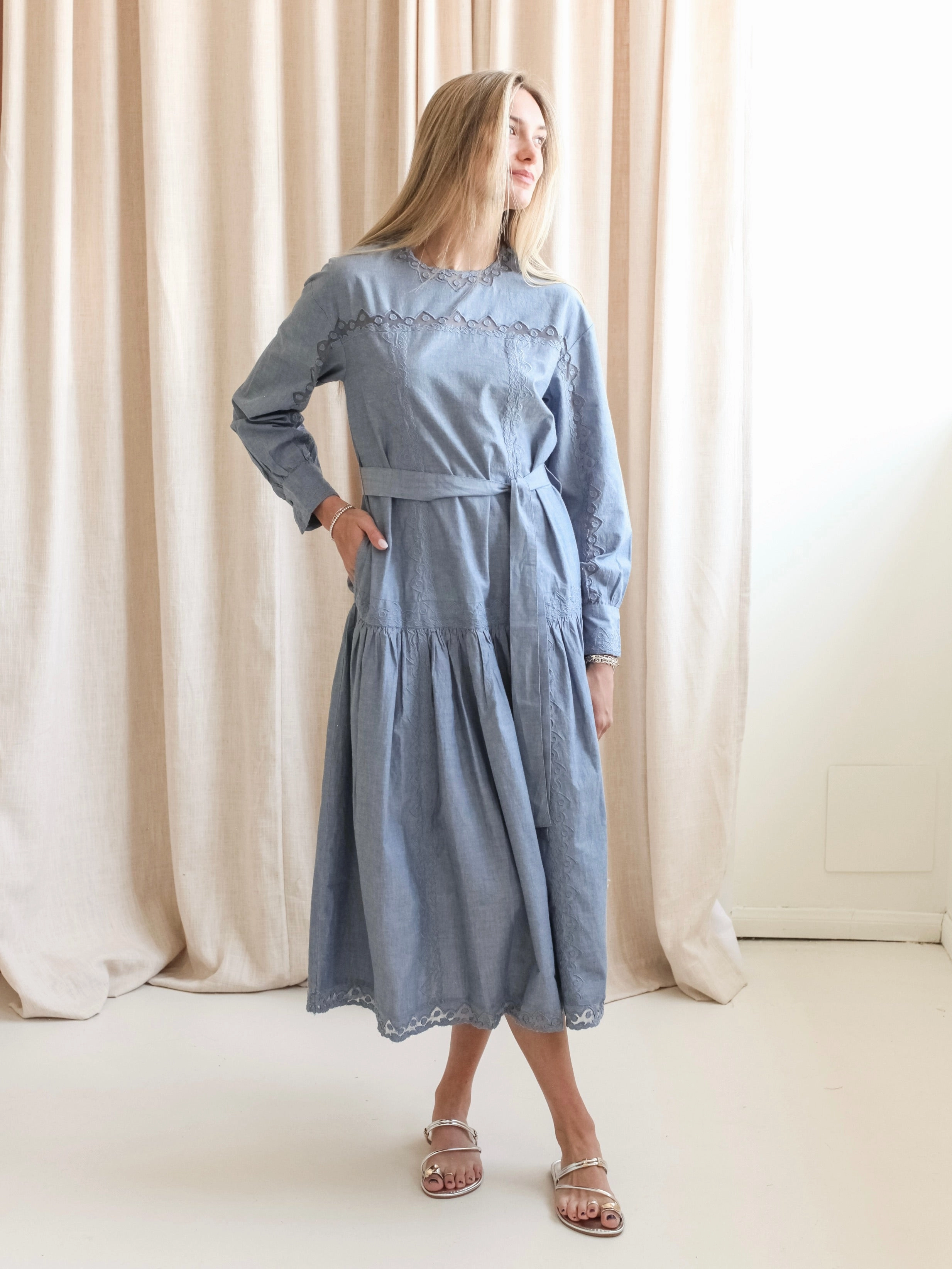 Silk Air Ulla Johnson Brin Drop Waist Long Sleeve Dress - Chambray