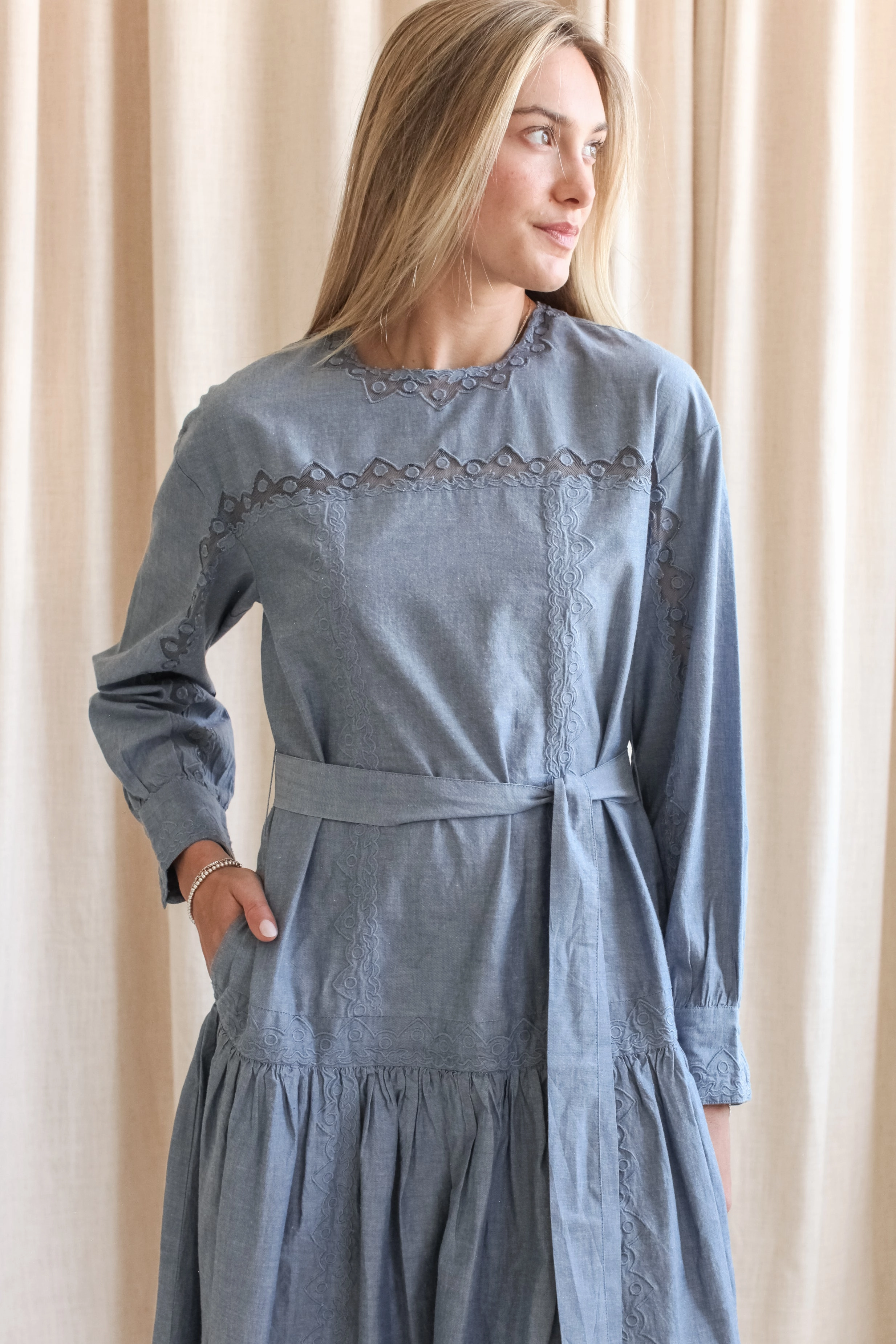 Minimal Cut Ulla Johnson Brin Drop Waist Long Sleeve Dress - Chambray