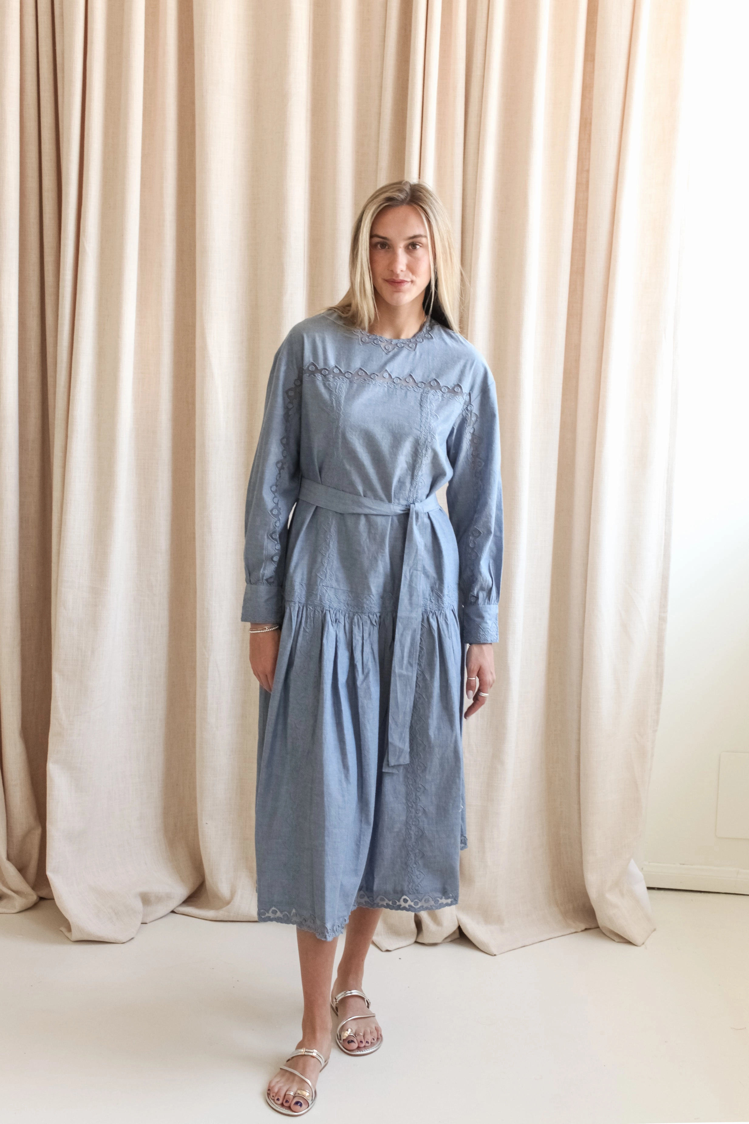 Ulla Johnson Brin Drop Waist Long Sleeve Dress - Chambray Chic Look Casual Smart