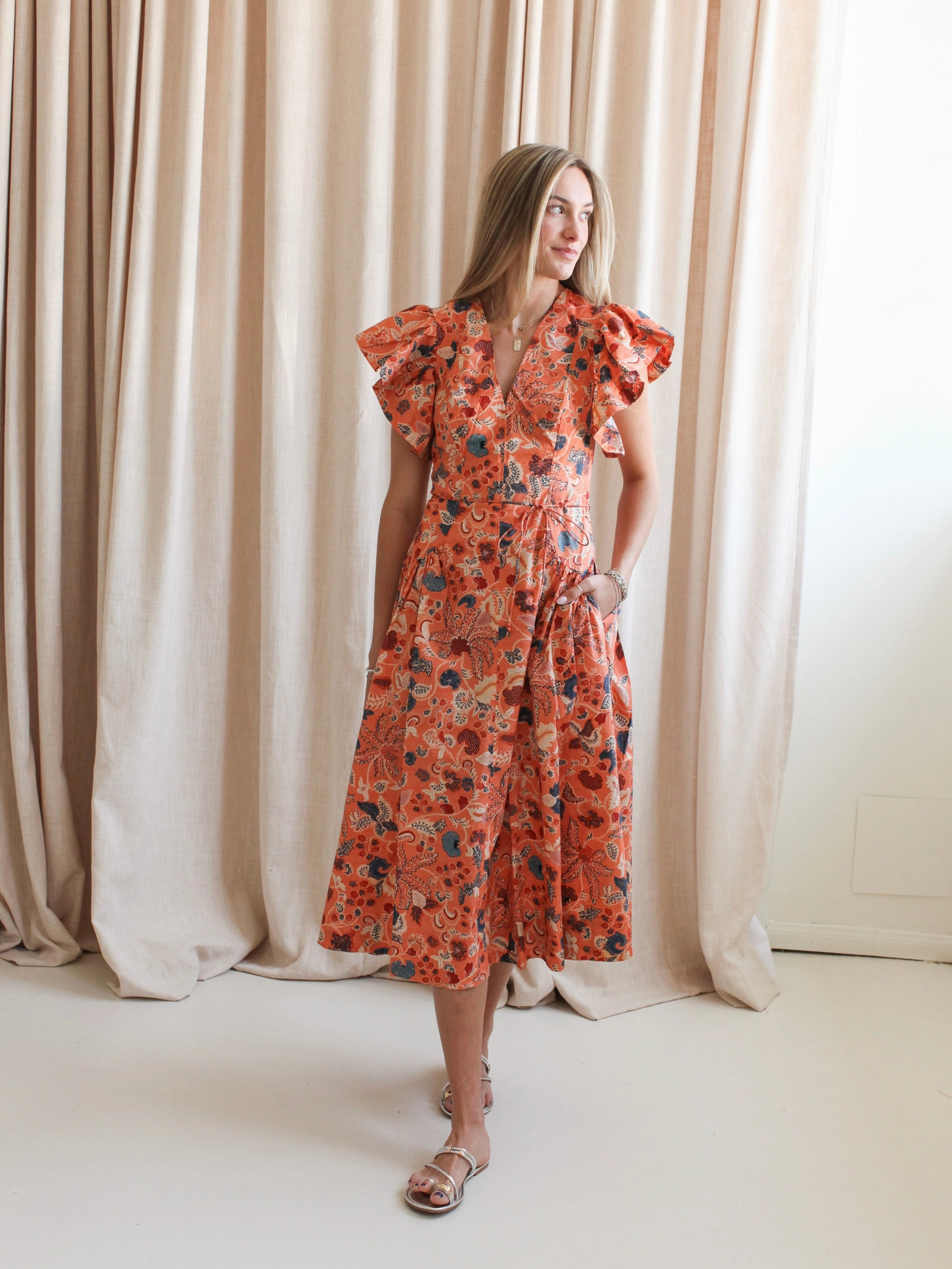 High Cut Ulla Johnson Darya Drop Waist Midi Dress - Coral Peony