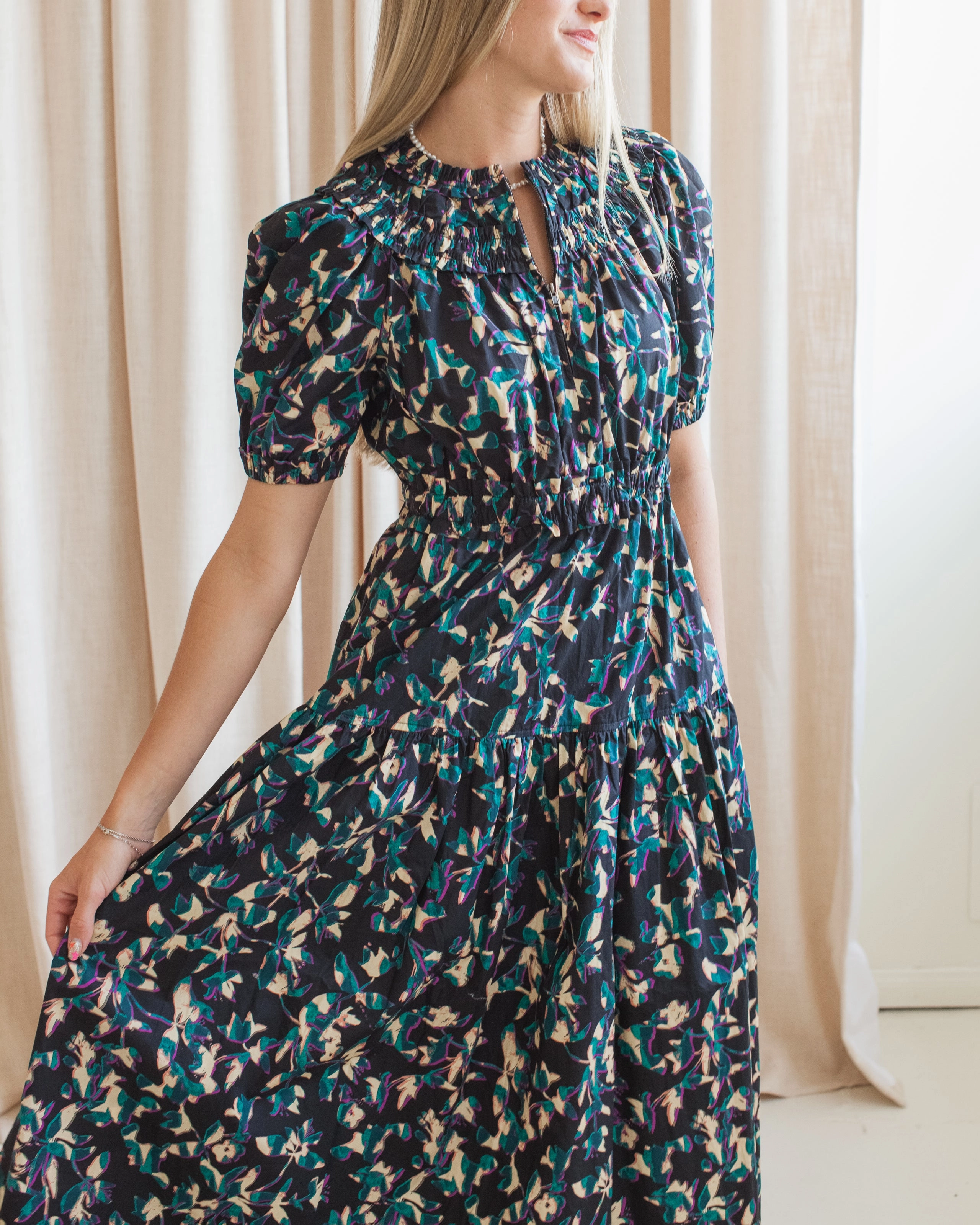 Ulla Johnson Othella Short Sleeve Midi Dress- Kaleidoscope Elegant Vibe Casual and Smart