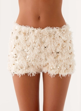 Core Movement Low Bulk Material Candy Sequin Mini Shorts - White