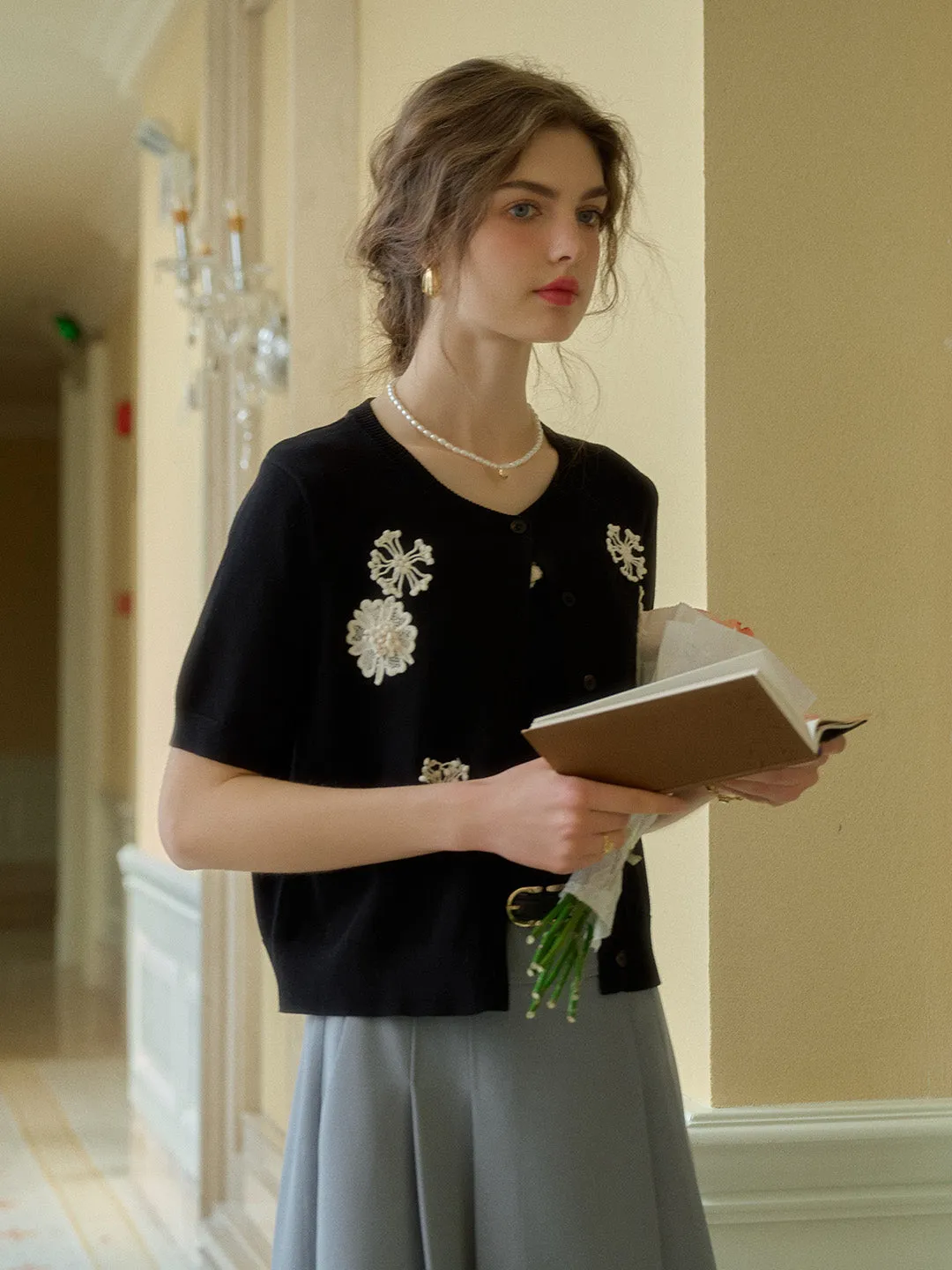 Chic Tee QuickRelease ??Final Sale??Yuna Round Neck Embroidery Cardigan