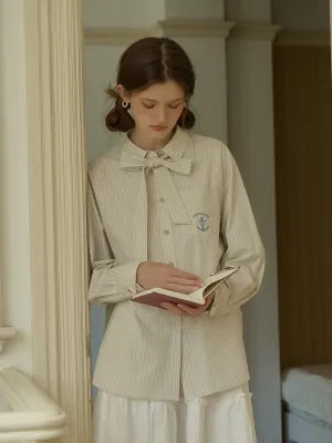 Violeta Classic Lapel Bow Anchor Embroidery Pocket Stripe Shirt - Blue Tapered Cut Warm Fabric