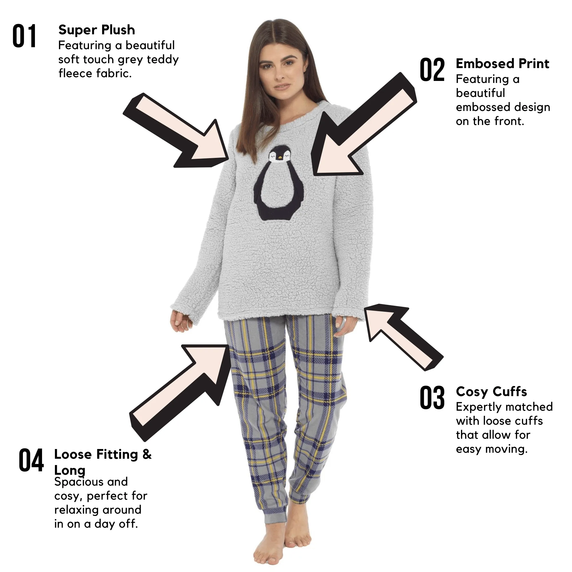 Ultra Soft Women's Teddy Fleece Pyjama Set Cozy Penguin Design Super Warm Sleepwear with Elasticated Waistband for Cold Nights by Daisy Dreamer