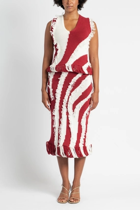 Front Slit Roaring Fringe Skirt in Red