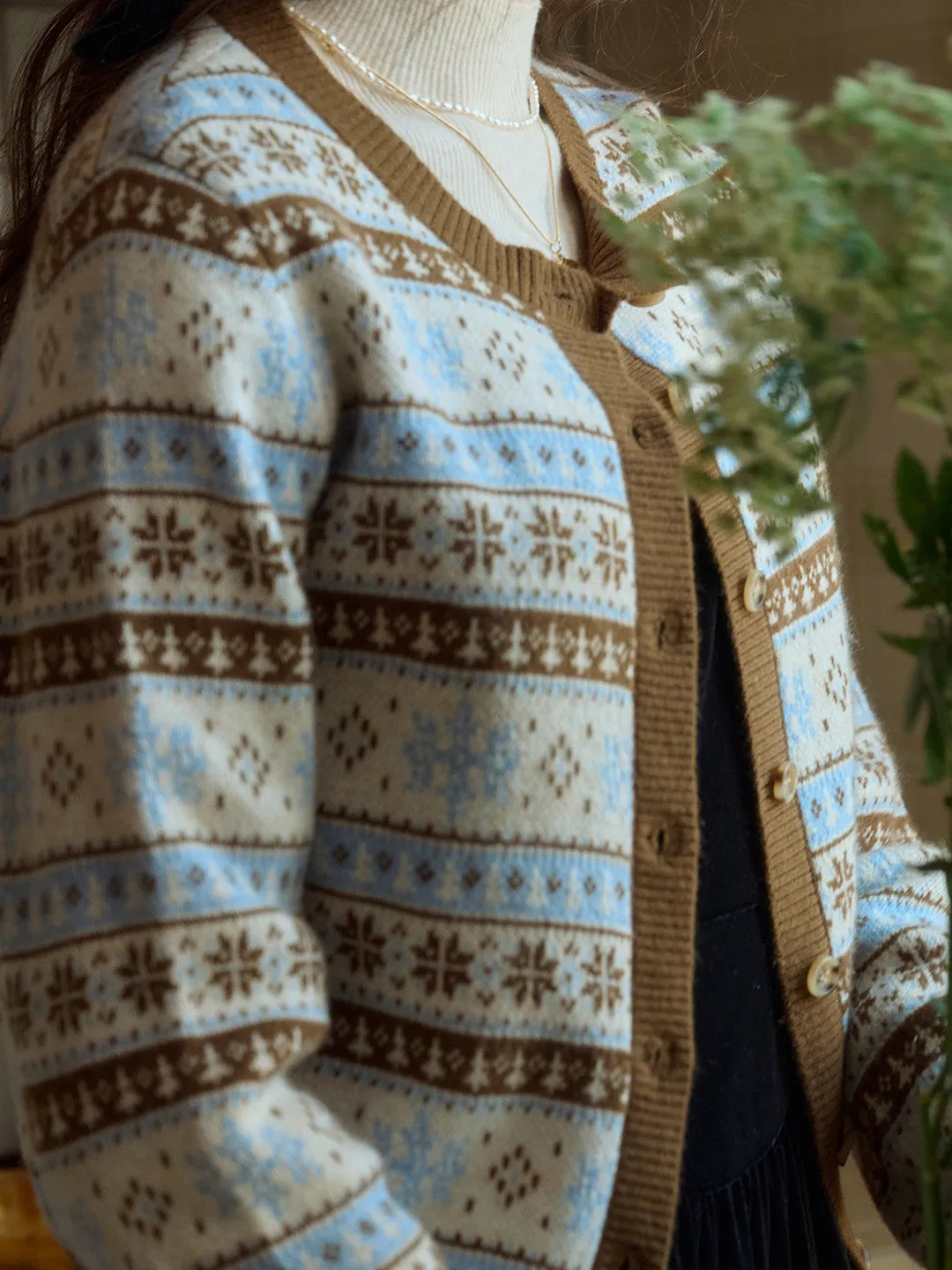 Aleah SR Exclusive Design Snowflake Jacquard Fair Isle Crew Neck Sweater Cardigan NonIrritating Stitching