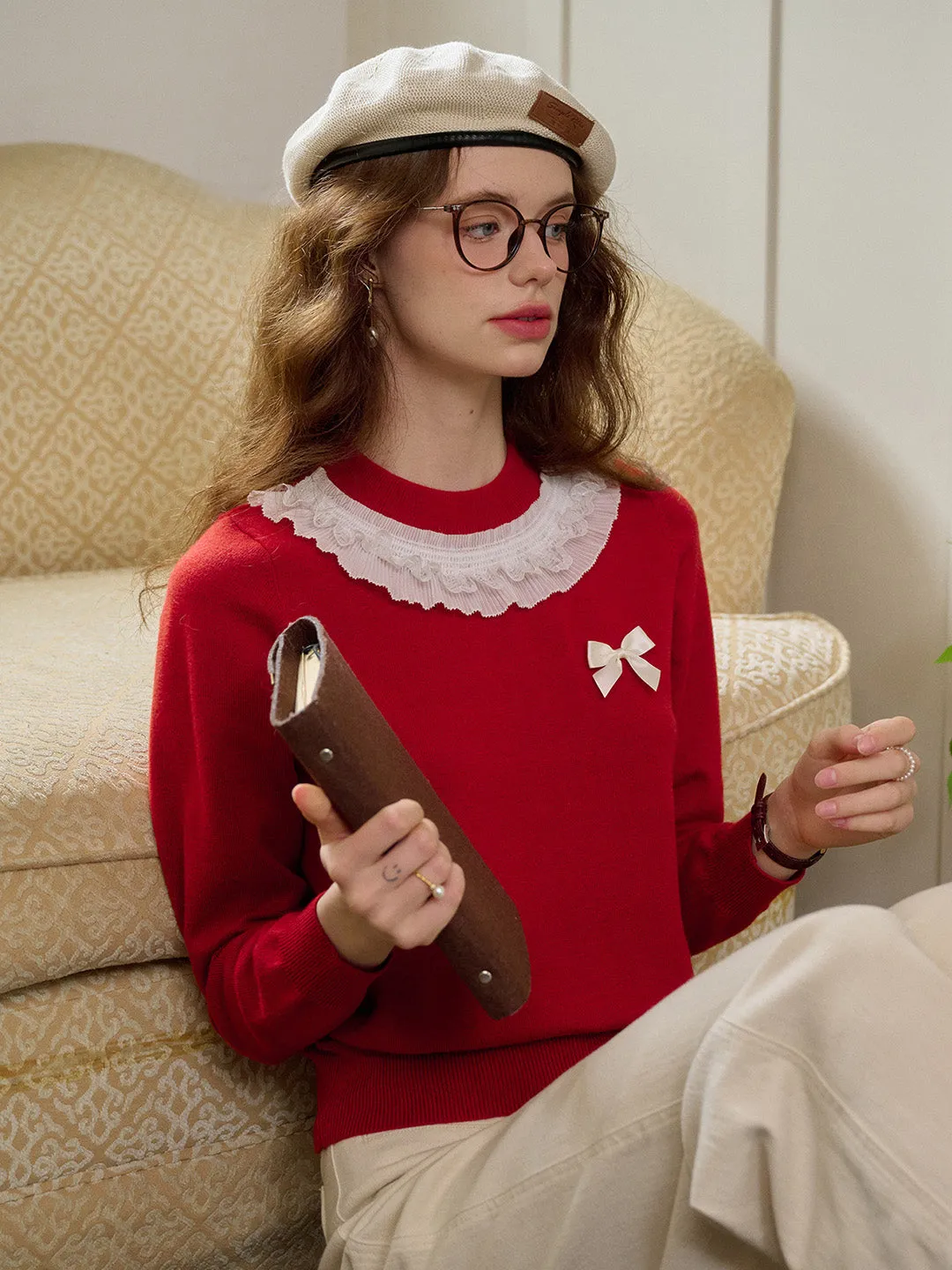 Quick Dry Fabric Thermal regulation ??Final Sale??Veronica Round Neck Contrasting Bow Sweater