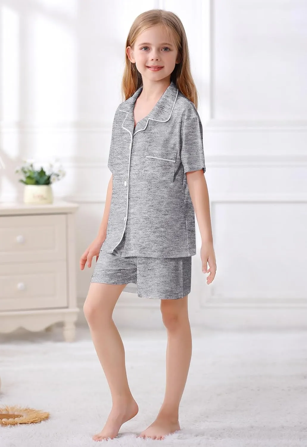 Umeyda Girls 2 Pieces Pajamas Sets Modal Sleepwear Button Down Short Sleeve Pjs Outfits