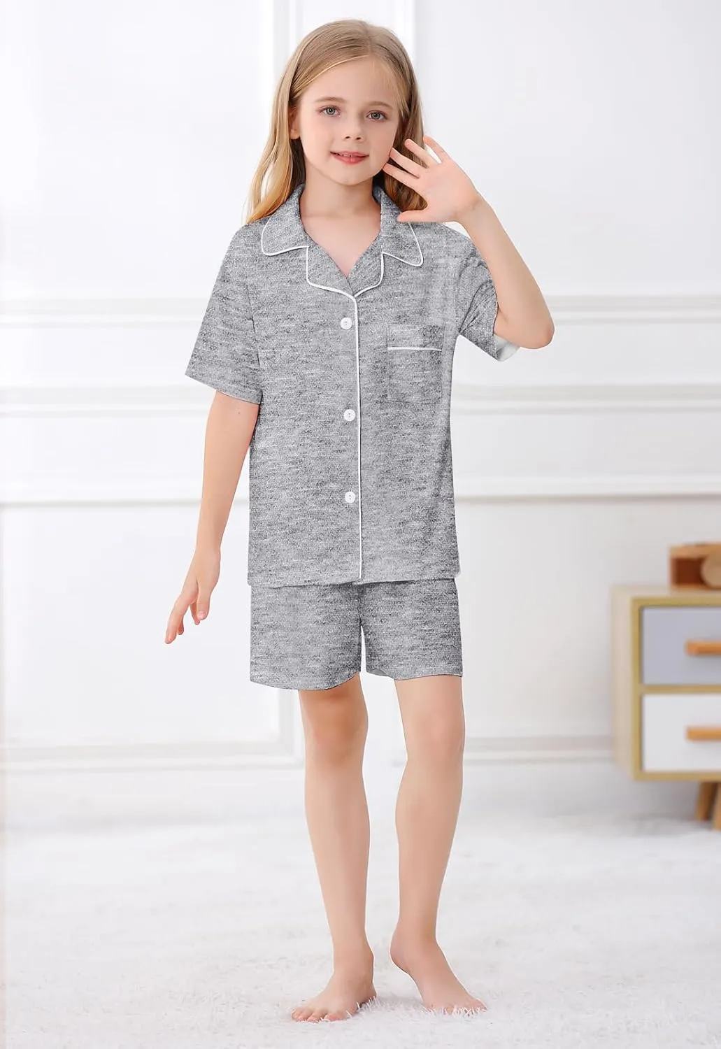Umeyda Girls 2 Pieces Pajamas Sets Modal Sleepwear Button Down Short Sleeve Pjs Outfits
