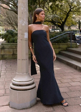 Calm Grace Under The Pagoda Maxi Dress - Black Polkadot