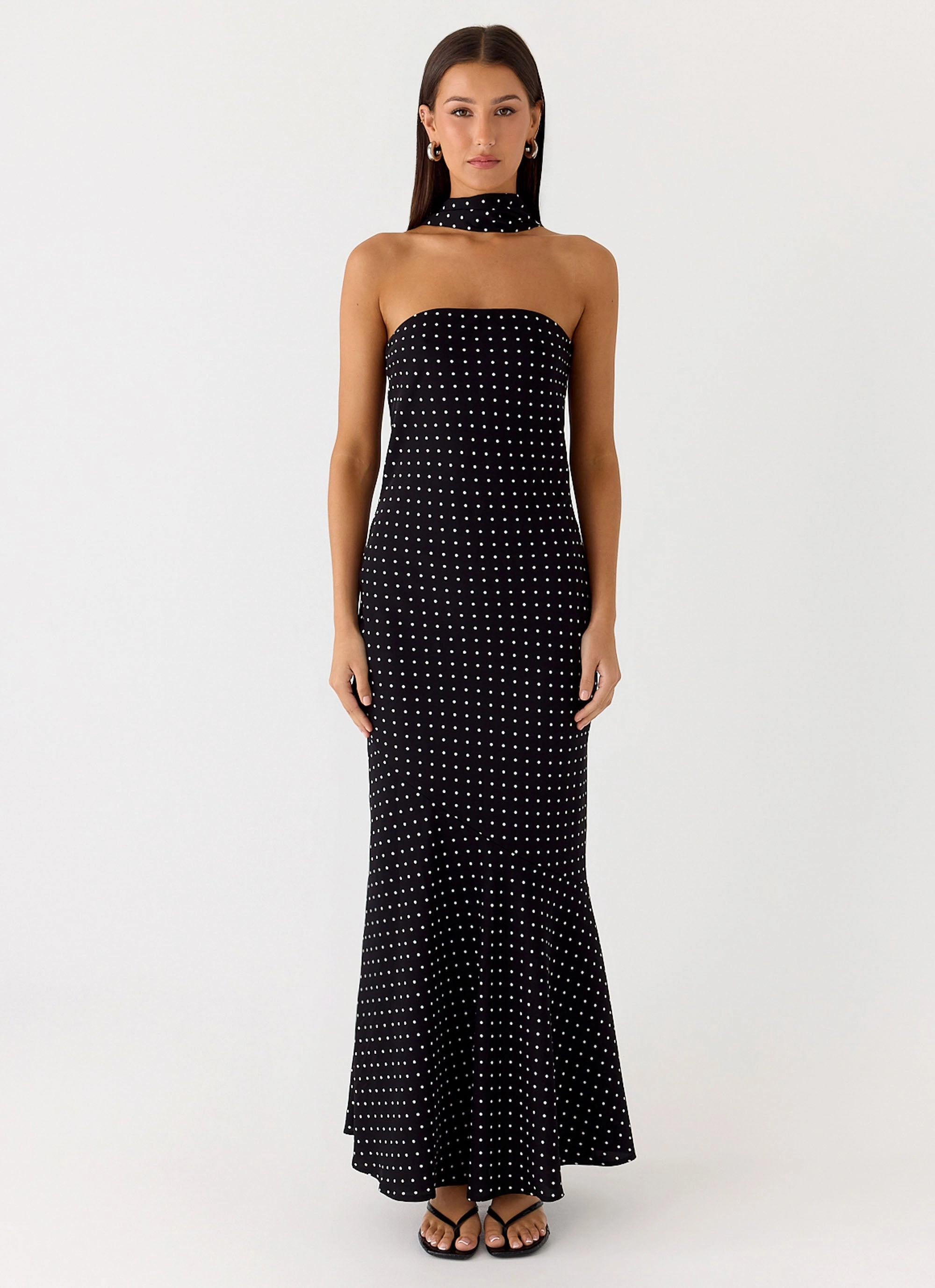 Premium Fabric Office Fit Under The Pagoda Maxi Dress - Black Polkadot