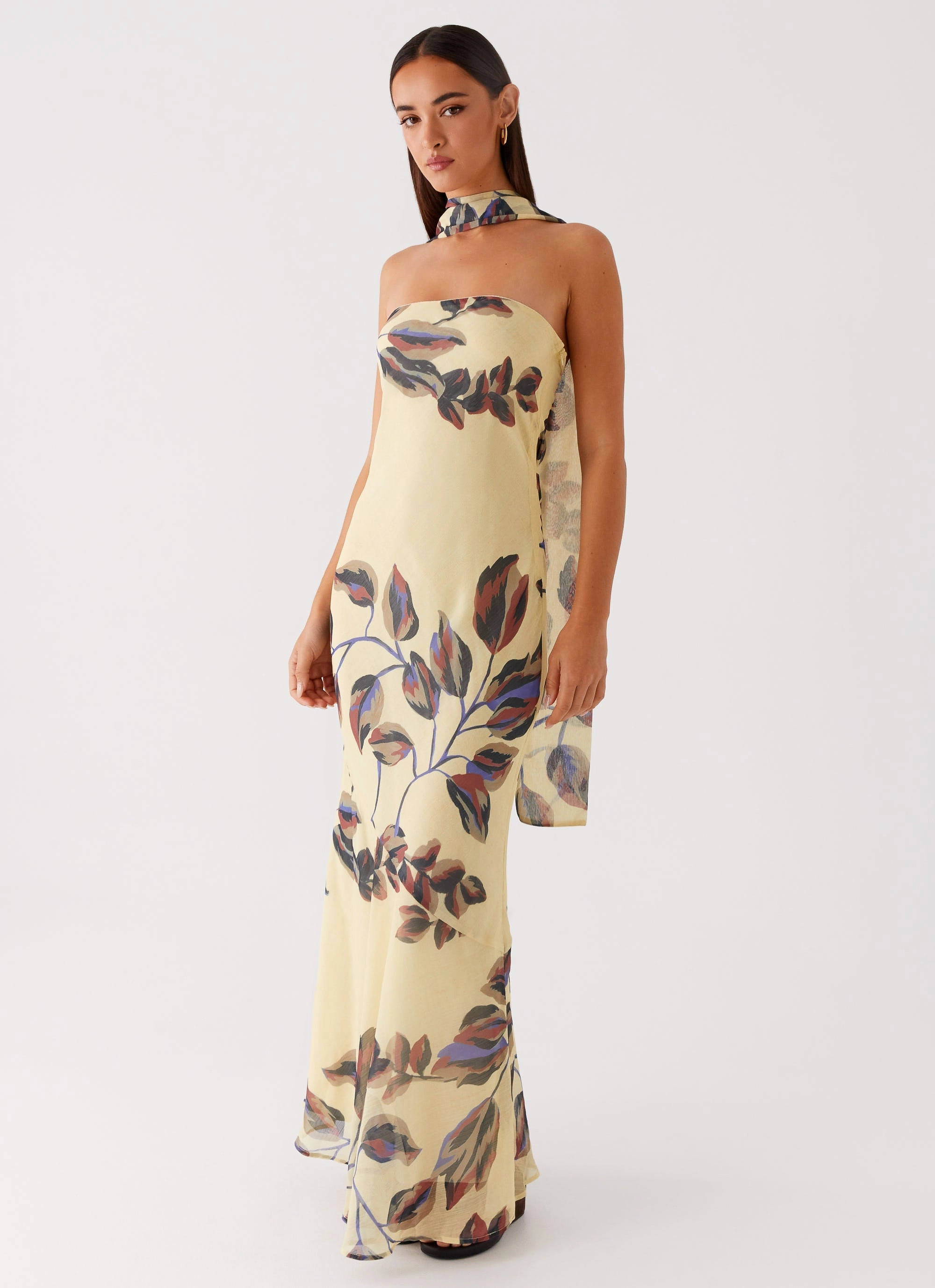 Cool Draping Under The Pagoda Maxi Dress - Buttercream Leaf Print