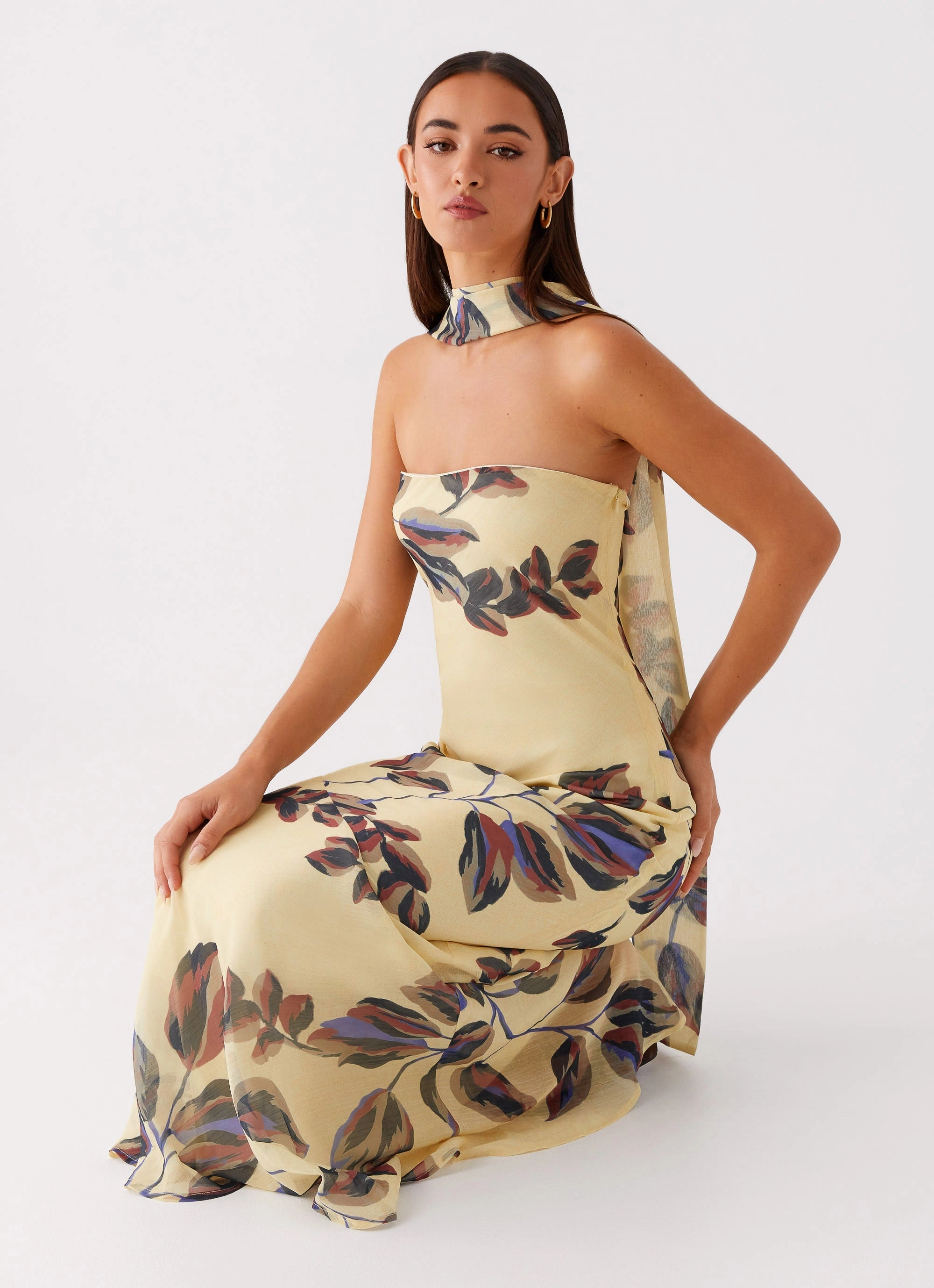 Under The Pagoda Maxi Dress - Buttercream Leaf Print Travel Edge Garden Fresh