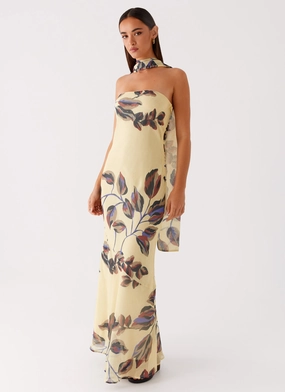 Cool Draping Under The Pagoda Maxi Dress - Buttercream Leaf Print