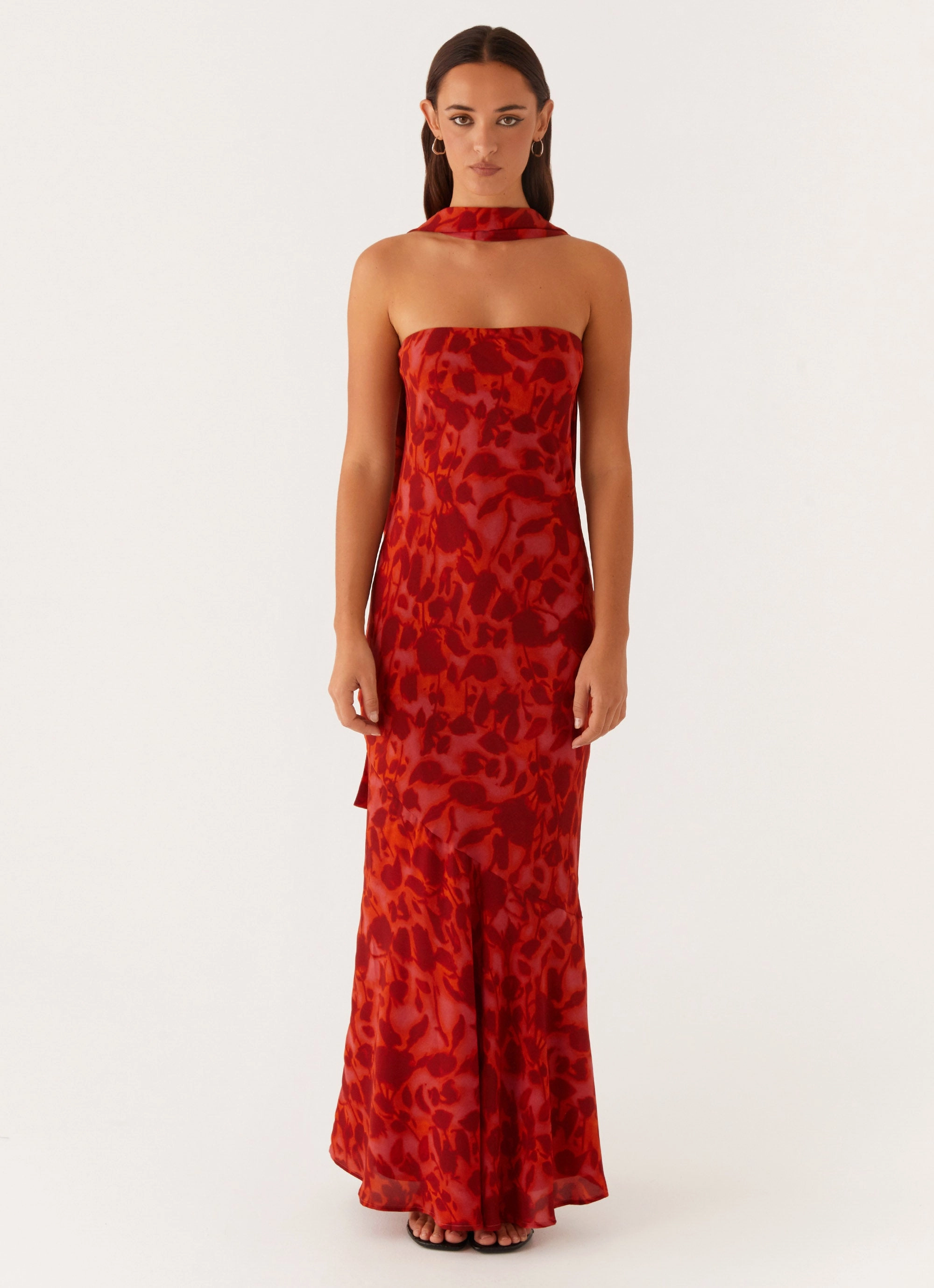 Under The Pagoda Maxi Dress - Deep Red Floral Contrast-Panel