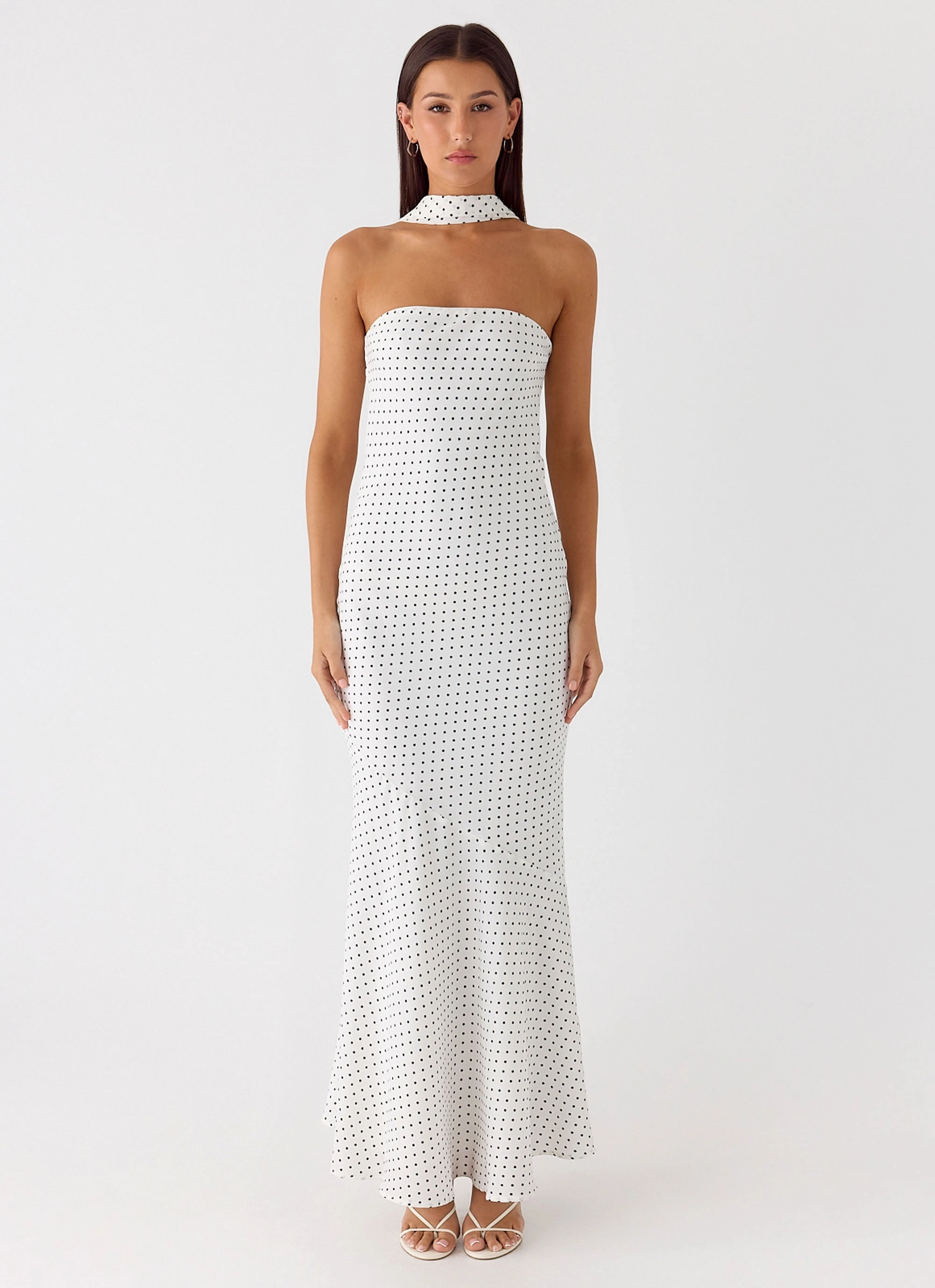 Sleek Tailoring Under The Pagoda Maxi Dress - White Polkadot