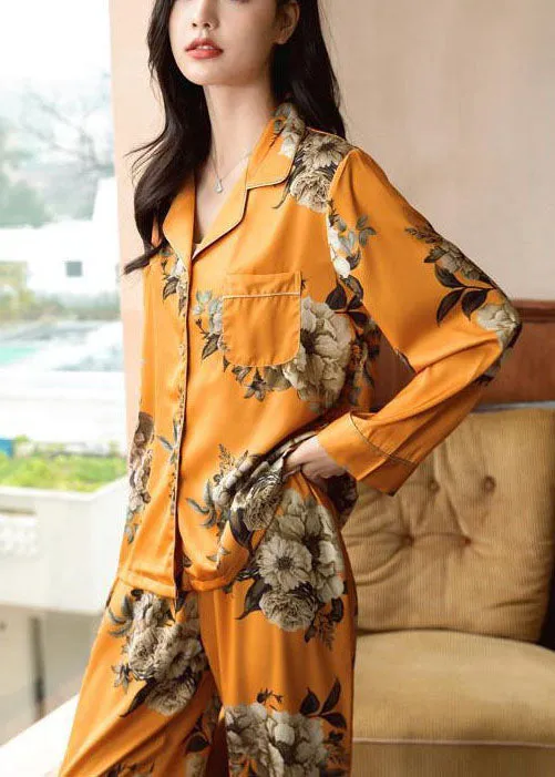 Unique Orange Oversized Floral Pocket Ice Silk Pajamas Two Pieces Set Spring