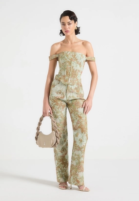 Luxury Textured Athlete Fit Florence - Jacquard High Rise Straight Leg Jeans - Sage