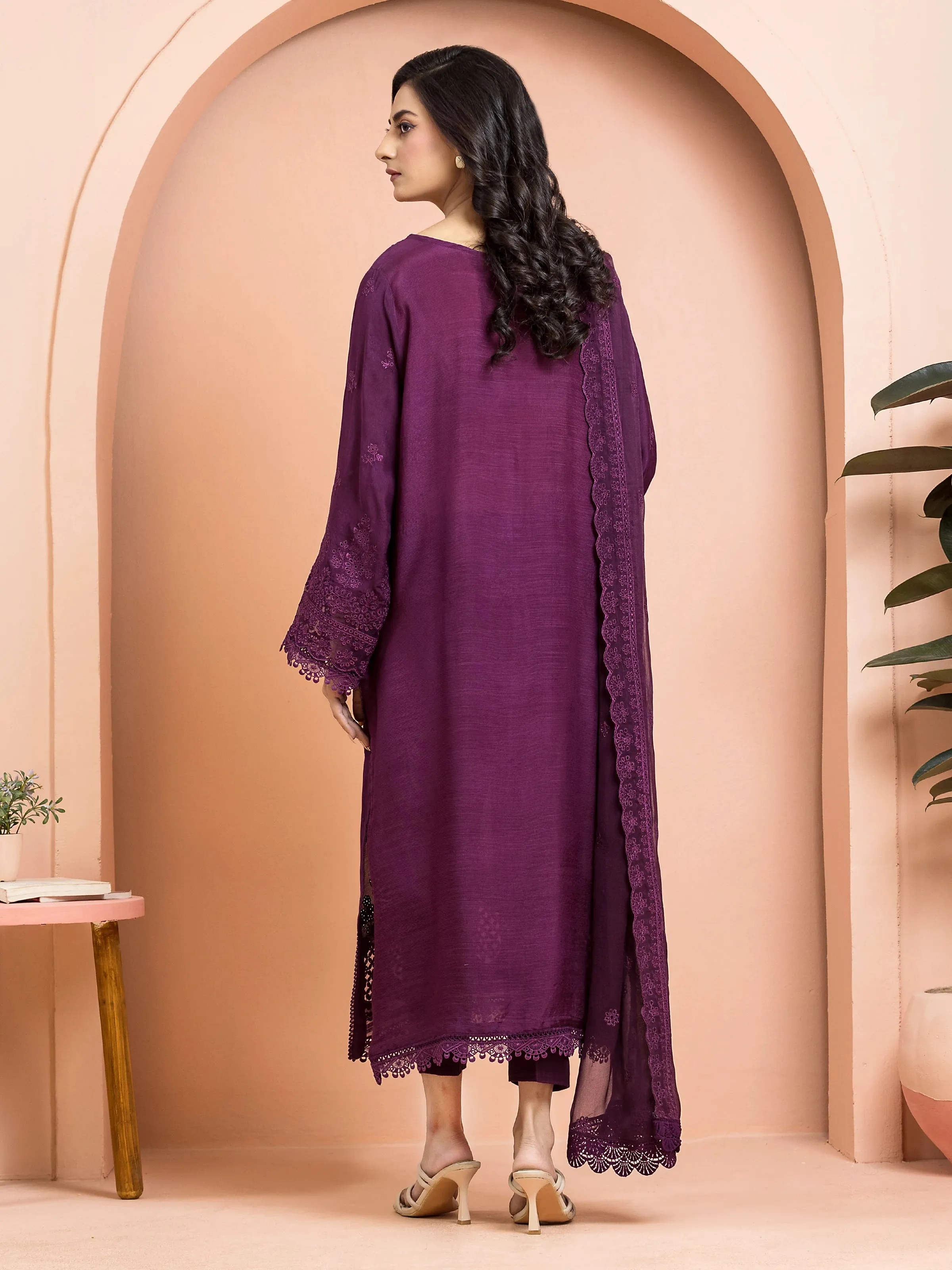 Unstitched Purple Embroidered Raw Silk 3 Piece - EWU24V16-30015-3P