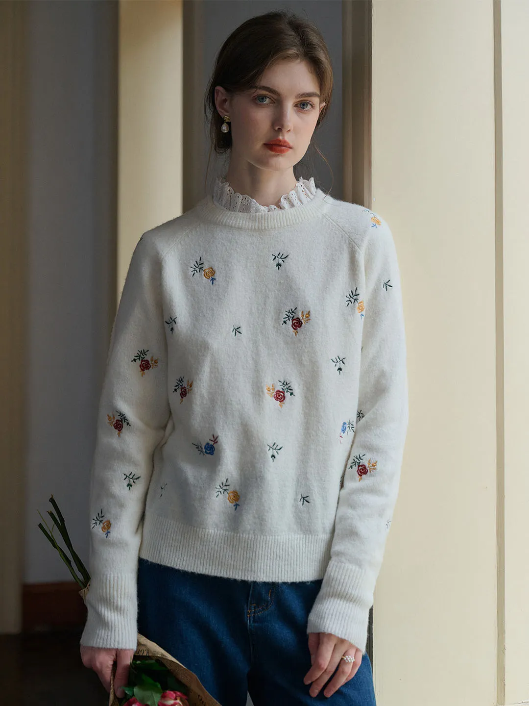 ??Final Sale??Melody Floral Embroidery Raglan Sleeve Sweater High Density Knit Multipurpose Design