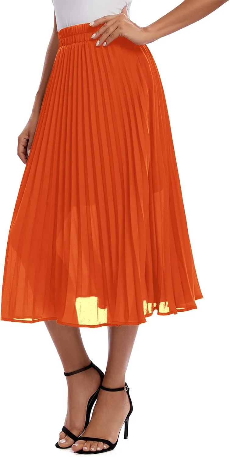 Urban CoCo Women's A Line Elastic Wasit Chiffon Midi Skirt Flare Pleated Skirts with Pockets
