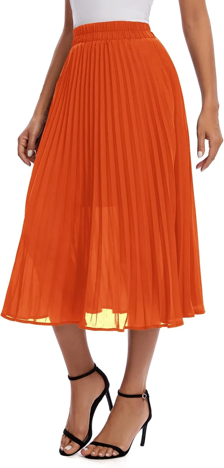 Urban CoCo Women's A Line Elastic Wasit Chiffon Midi Skirt Flare Pleated Skirts with Pockets