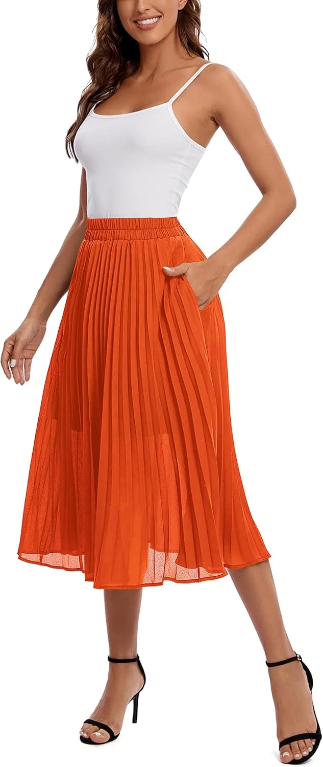 Urban CoCo Women's A Line Elastic Wasit Chiffon Midi Skirt Flare Pleated Skirts with Pockets