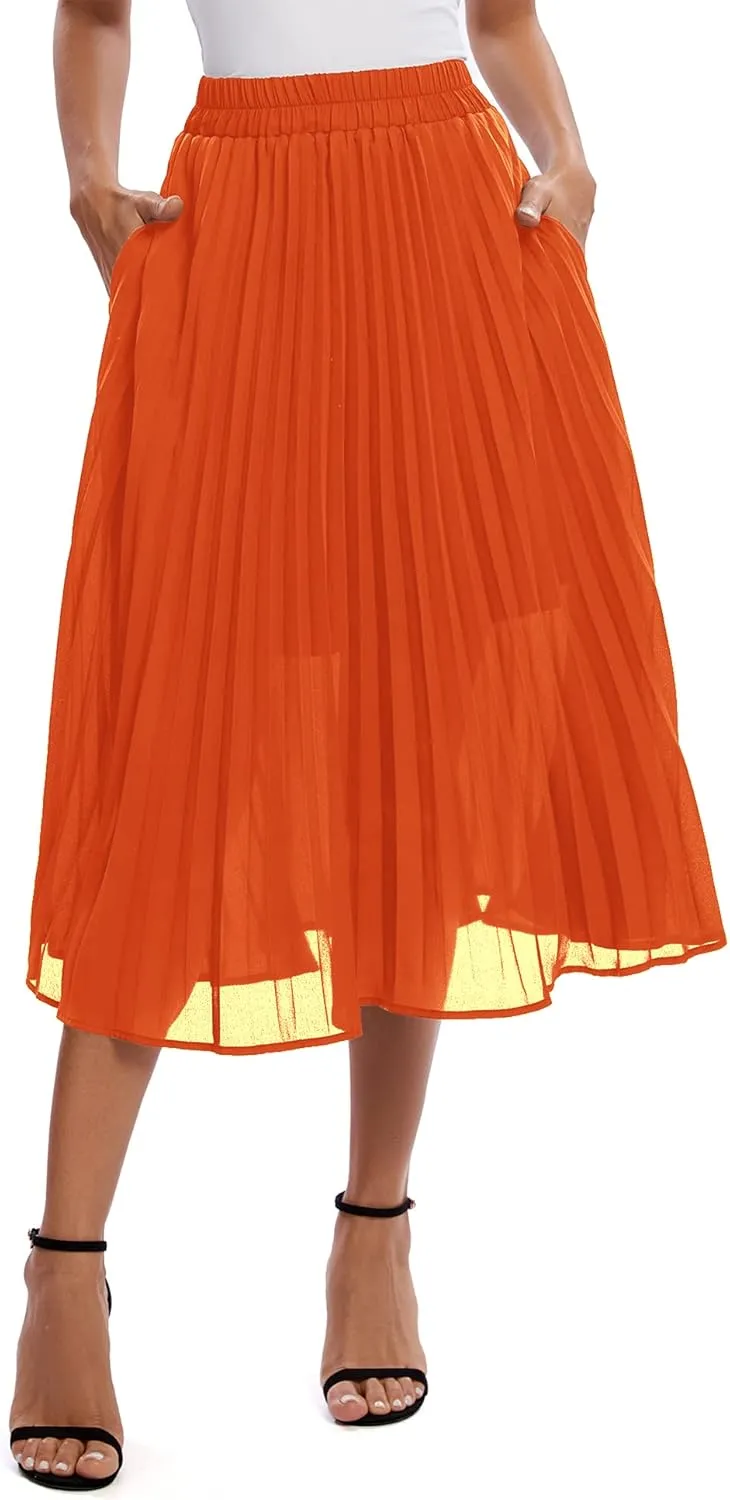 Urban CoCo Women's A Line Elastic Wasit Chiffon Midi Skirt Flare Pleated Skirts with Pockets